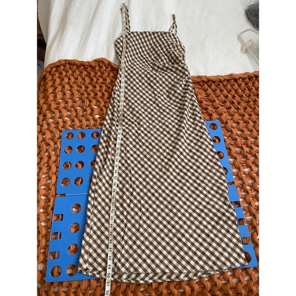 House of Harlowe 1960 Brown Gingham Check Ruched Sheath Midi Slip Dress - L - Picture 14 of 16
